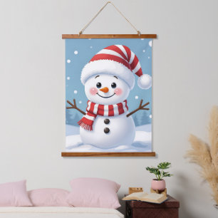 Süßer kleiner Schneemann mit Schal und Hut Wandteppich Mit Holzrahmen
