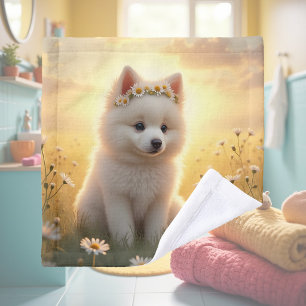 Süßer kleiner weißer Spitz-Welpe  Waschlappen