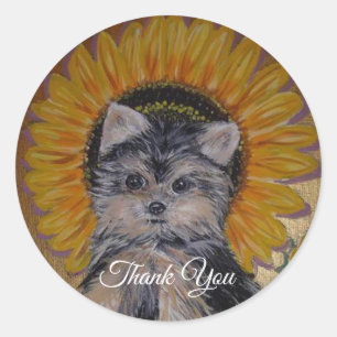 Süßer kleiner Yorkie und Sonnenblume Danke Runder Aufkleber