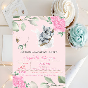Süßer Koala-Bär, Blätter, Florale Babyparty Einladung