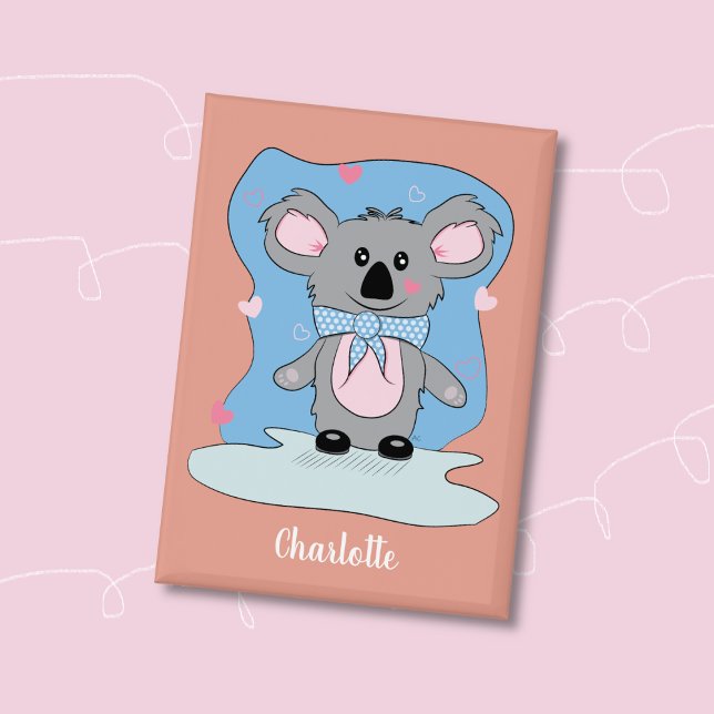 Süßer Koala-Kind-Valentinstag-Anstecknadel Button (Sweet koala and pink hearts kid Valentine's Day button with name . )