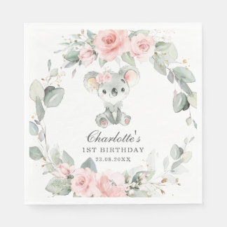 Süßer Koala Rosa Blumen Salbei Grünzeug Geburtstag Serviette