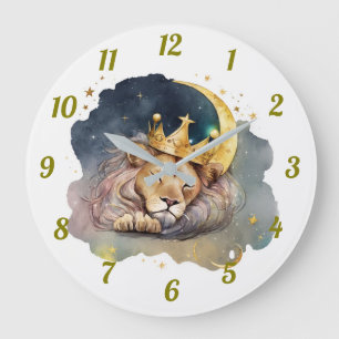 Süßer König Löwe schlafend auf dem Mond Große Wanduhr