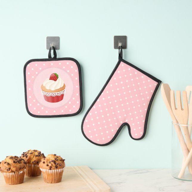 Süßer, köstlicher Erdbeerkuchen Ofenhandschuh & Topflappen-Set (Insitu (Hängend))