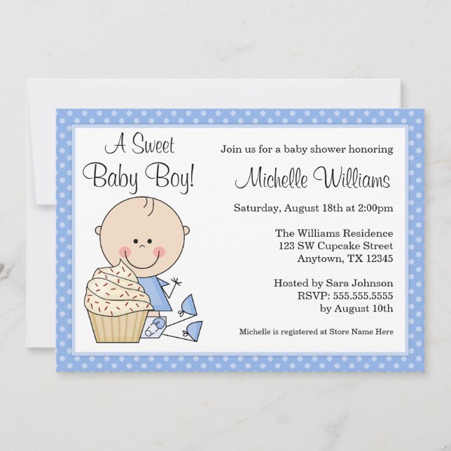 Süßer Kuchen-blaue Tupfen-Jungen-Babyparty Einladung (Vorderseite)