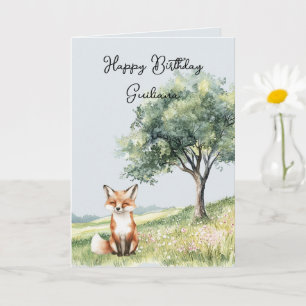 Süßer lächelnder Fuchs Feld der Blumen Baum Geburt Karte