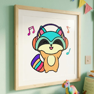 Süßer lächelnder Kawaii-Baby-Waschbär mit Kopfhöre Fotodruck