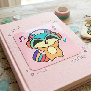 Süßer lächelnder Kawaii-Baby-Waschbär mit Kopfhöre Quadratischer Aufkleber