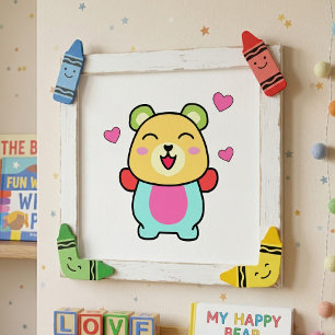 Süßer lächelnder Kawaii-Teddybär mit Liebesherzen Fotodruck