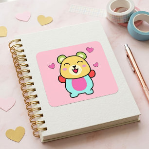 Süßer lächelnder Kawaii-Teddybär mit Liebesherzen Quadratischer Aufkleber