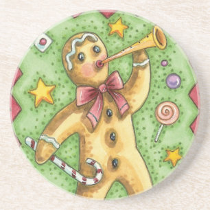 Süßer Lebkuchenmann bläst Horn, Weihnachtsbonbon Getränkeuntersetzer