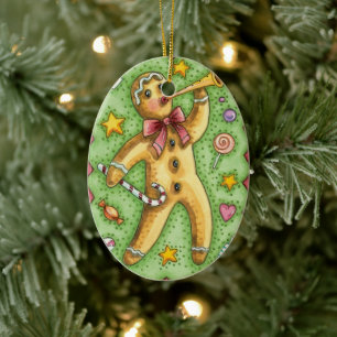 Süßer Lebkuchenmann bläst Horn, Weihnachtsbonbon Keramikornament