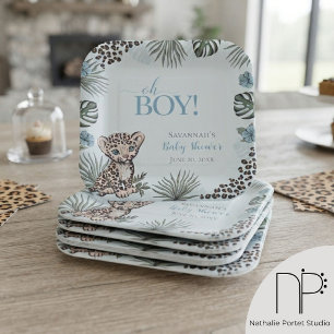 Süßer Leopard Jungtier Blau Baby Shower Pappteller