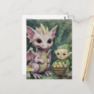 Süßer lila Baby-Drache und Elf mit Eiern Postkarte