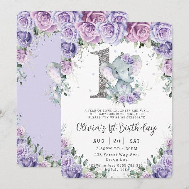 Süßer Lila Blütenadorable Elefant 1. Geburtstag Einladung (Vorne/Hinten)