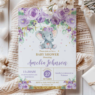 Süßer lila floraler Elefant Baby Shower Baby Mädch Einladung