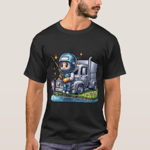 Süßer LKW-Fahrer fängt einen Barsch am Teich zum V T-Shirt