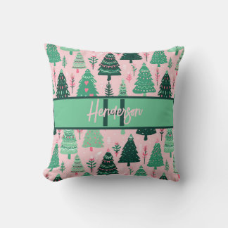Süßer lustiger rosa und grüner Weihnachtsbaum Mono Kissen