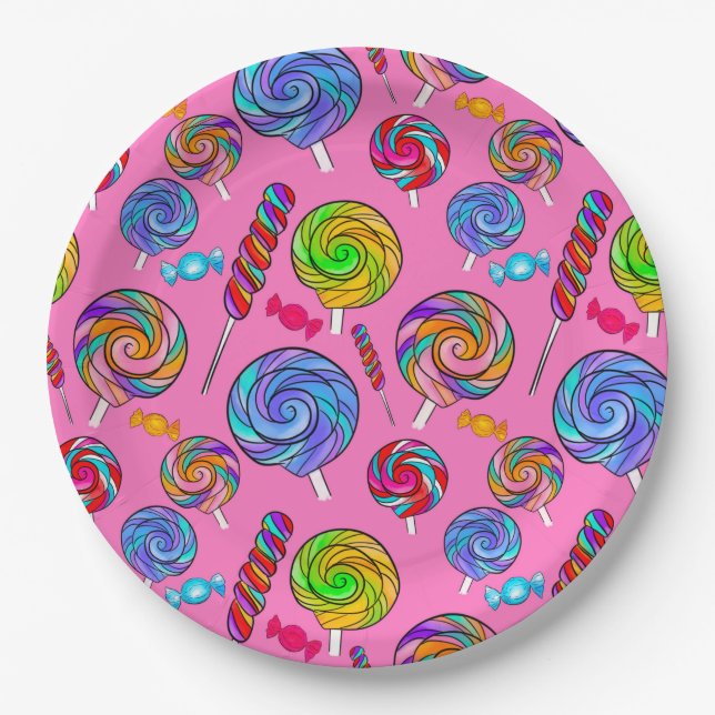 Süßer Lutscher Spaß Rosa Regenbogen Pappteller (Vorderseite)