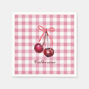 Süßer Mädchen-Bogen Kirschrosa Gingham Karo Name Serviette