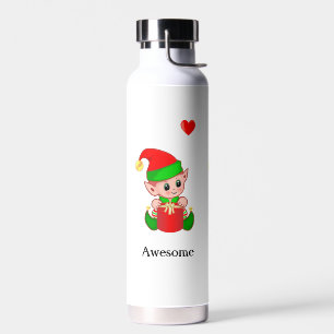 Süßer magischer Elf mit Geschenk auf weißer Wasser Trinkflasche
