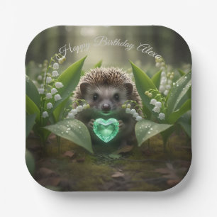 Süßer May-Igel mit Smaragd-Herz Pappteller