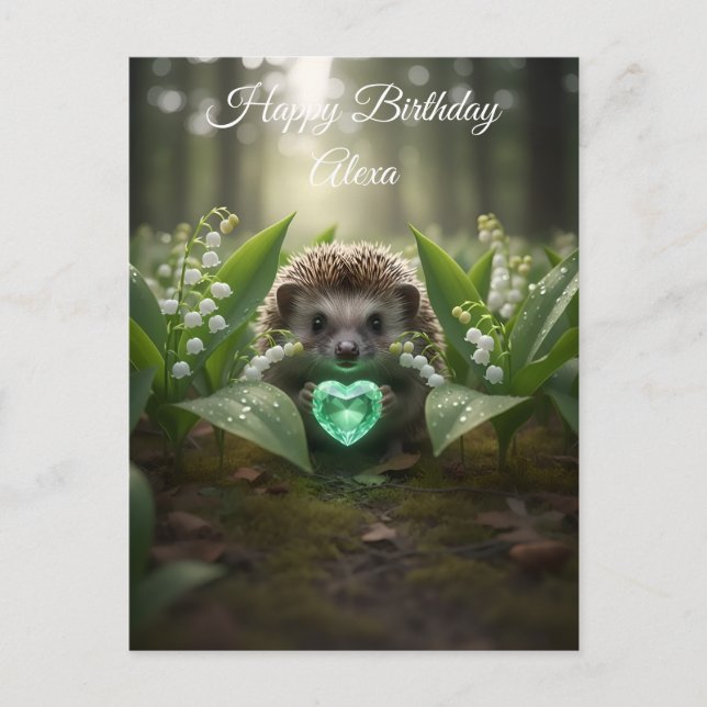 Süßer May-Igel mit Smaragd-Herz Postkarte (Vorderseite)