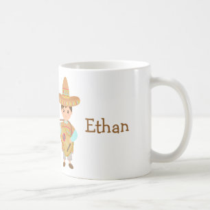 Süßer mexikanischer Junge mit Sombrerohut und Gita Kaffeetasse