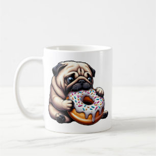 Süßer Mops-Donut-Cartoon lustig munching Kaffeetasse