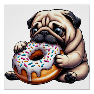 Süßer Mops-Donut-Cartoon lustig munching Poster