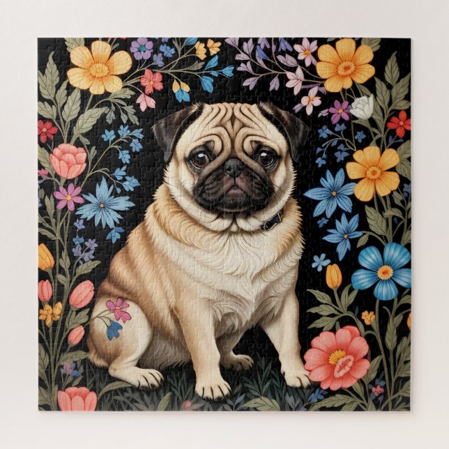 Süßer Mops Elegante Farbige Blumen (Vertikal)