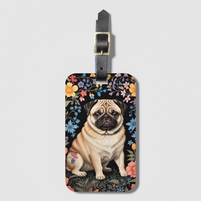 Süßer Mops Elegante Farbige Blumen Gepäckanhänger (Vorderseite Vertikal)