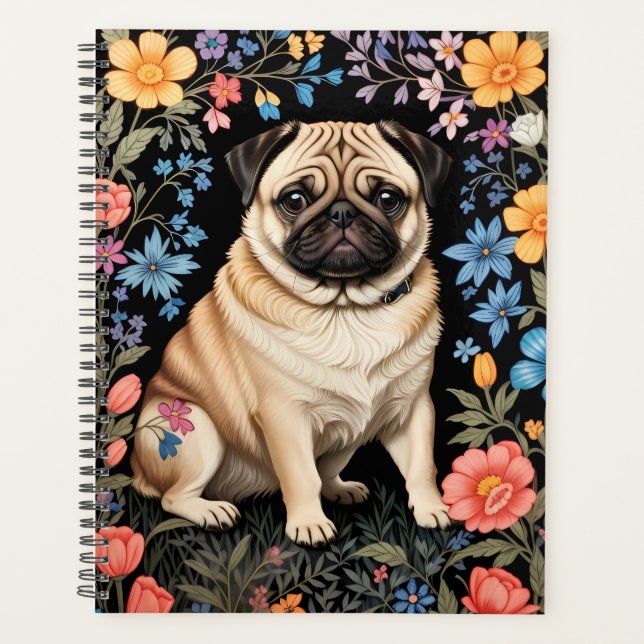 Süßer Mops Elegante Farbige Blumenmuster Planer (Vorderseite)
