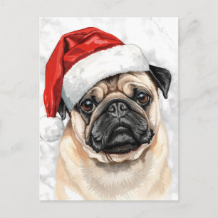 Süßer Mops-Hund mit Santa-Hut Wasserfarben-Weihnac Feiertagspostkarte