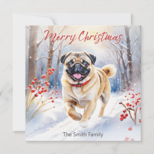 Süßer Mops im Schnee Aquarell Frohe Weihnachten