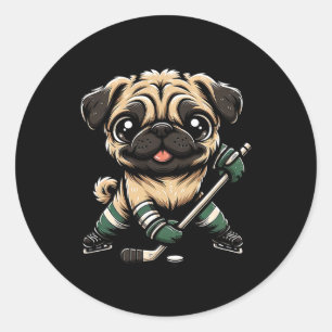 Süßer Mops spielt Eishockey-Hund-Design Männer Fra Runder Aufkleber