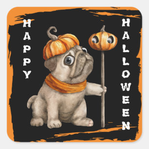 Süßer Mops-Welpe Kinder Halloween Quadratischer Aufkleber