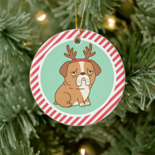 Süßer mürrischer Bulldogge mit Rentier-Stirnband Keramik Ornament
