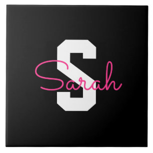 Süßer Name & Monogramm   Schwarz Weiß & Rosa Fliese