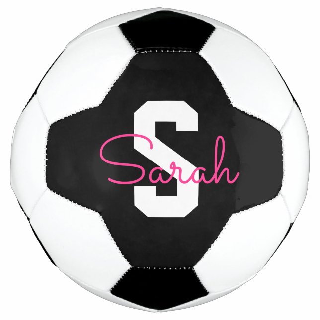 Süßer Name & Monogramm | Schwarz Weiß & Rosa Fußball (Vorderseite)