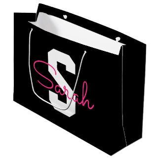 Süßer Name & Monogramm | Schwarz Weiß & Rosa Große Geschenktüte