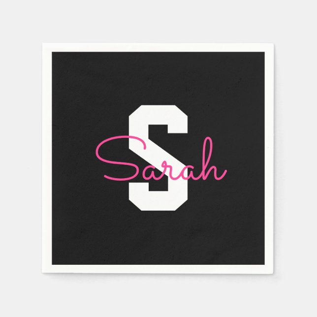 Süßer Name & Monogramm | Schwarz Weiß & Rosa Serviette (Vorderseite)