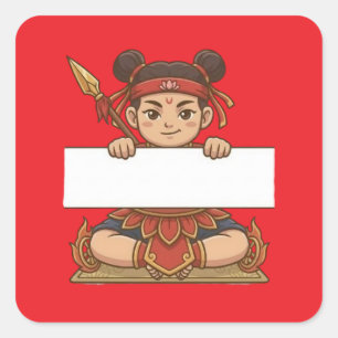 Süßer Nezha mit leerem Schild Quadratischer Aufkleber