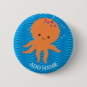 Süßer Oktopus Cartoon Blaues Wellenmuster Button