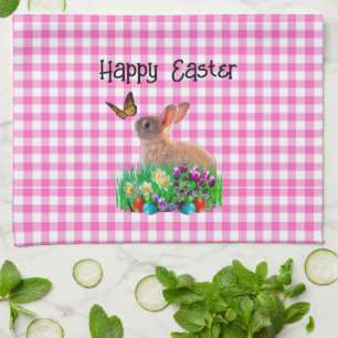 Süßer Osterhase auf rosa Gingham Geschirrtuch