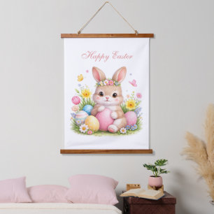Süßer Osterhase Kaninchen Rosa Peonie Wandteppich Mit Holzrahmen