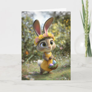 Süßer Osterhase mit Blumenkrone und Korb voller Ei Karte