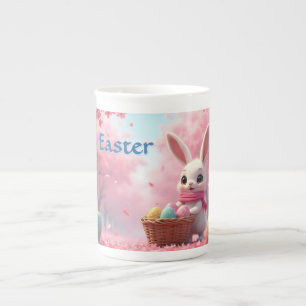 Süßer Osterhase mit Korb voller bunter Eier Prozellantasse