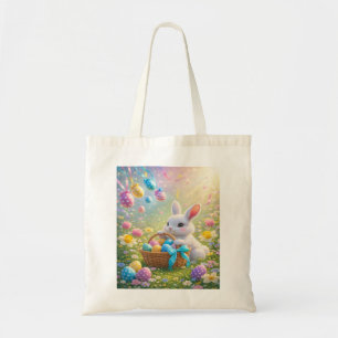 Süßer Osterhase mit Korb voller Eier und Blumen Tragetasche