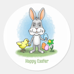 Süßer Osterhase und das gelbe Huhn Runder Aufkleber